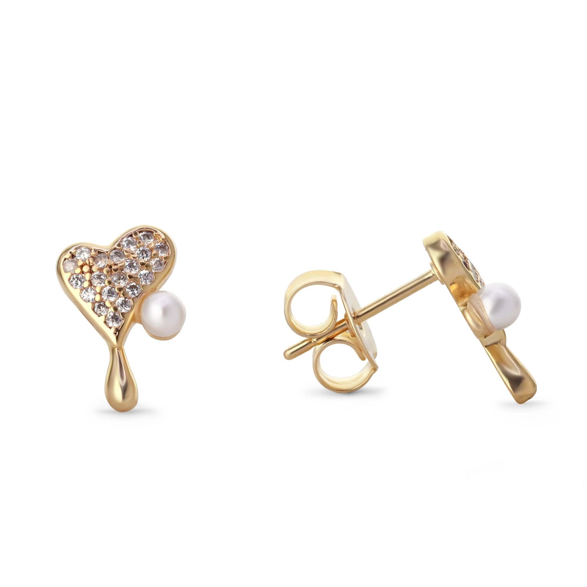 Aros Enchapado en Oro Diseño Corazón Irregular con Circones y Perla Imitación