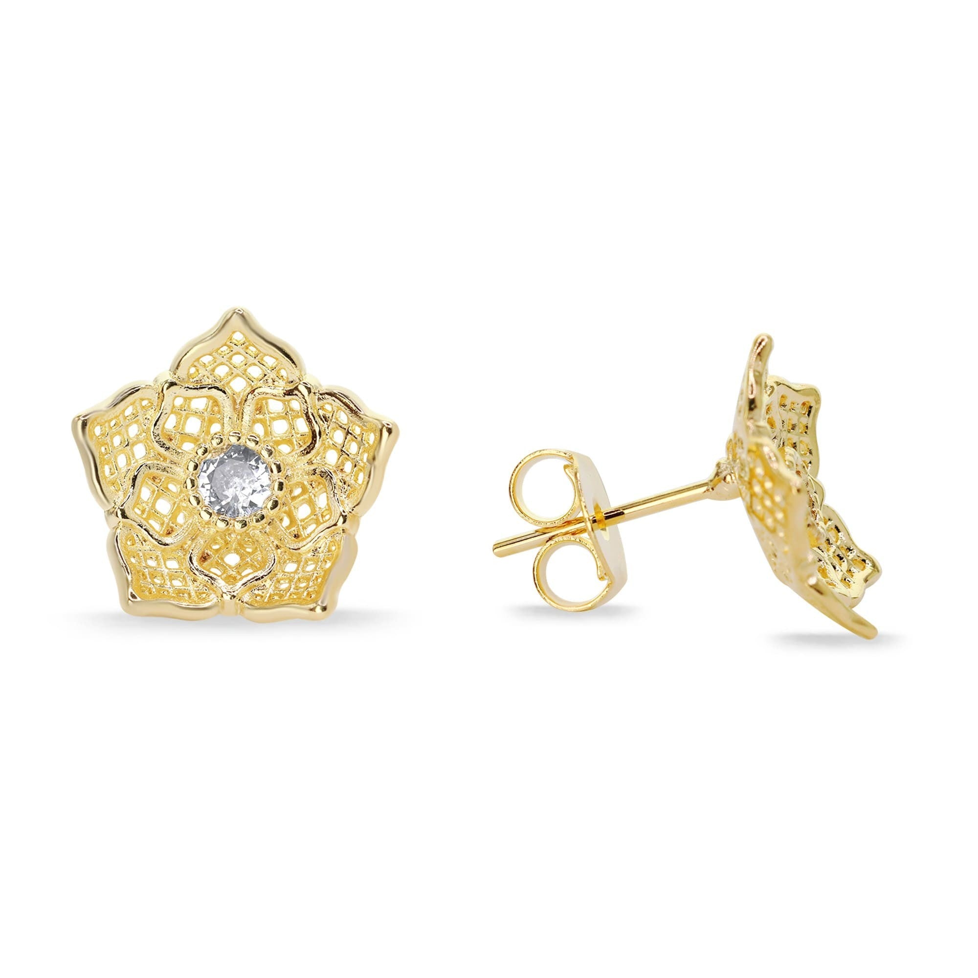 Aros Enchapados en Oro Diseño Flor con Circón
